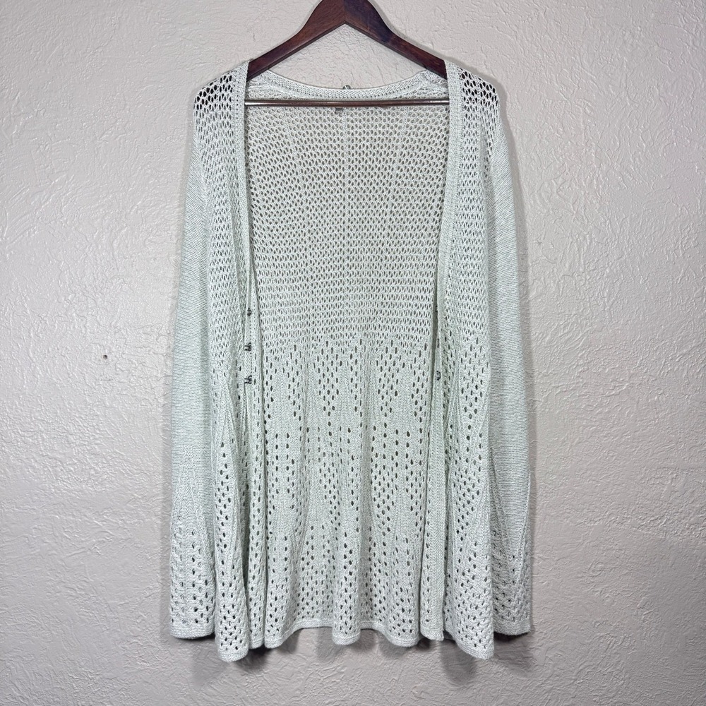 Anthro Knitted Knotted Cardigan M Open Tunic Pointelle Mint Cotton Linen Cottage